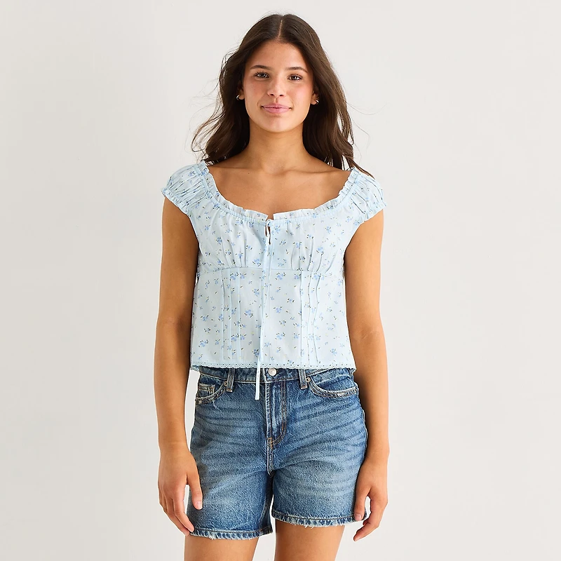 Arizona Womens Juniors Square Neck Short Sleeve Babydoll Top
