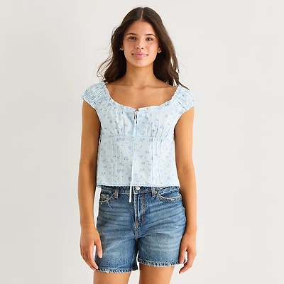 Arizona Womens Juniors Square Neck Short Sleeve Babydoll Top