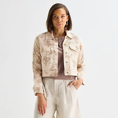 Liz Claiborne Floral Womens Lightweight Cropped Jacket