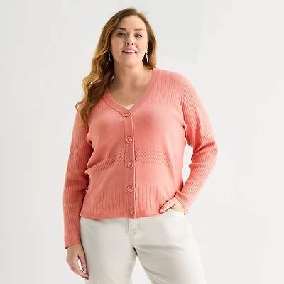 Liz Claiborne Womens V Neck Long Sleeve Button Plus Cardigan