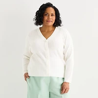 Liz Claiborne Womens V Neck Long Sleeve Button Plus Cardigan