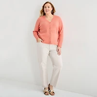 Liz Claiborne Womens V Neck Long Sleeve Button Plus Cardigan
