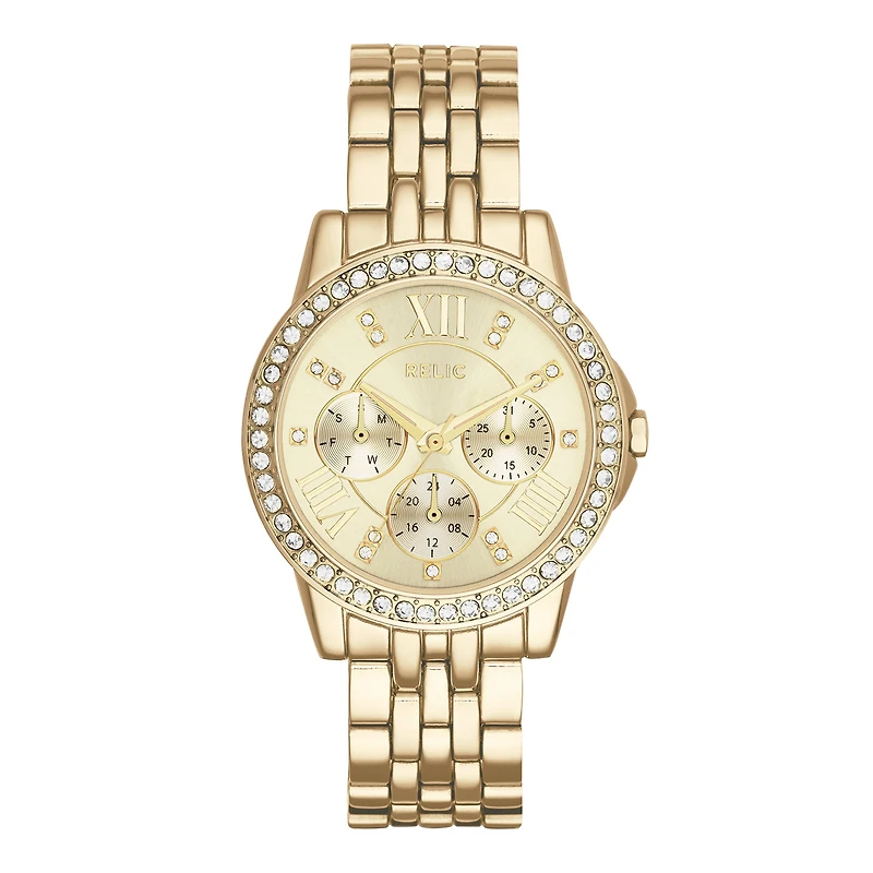 Relic® Womens Crystal-Accent Gold-Tone Bracelet Watch ZR15754