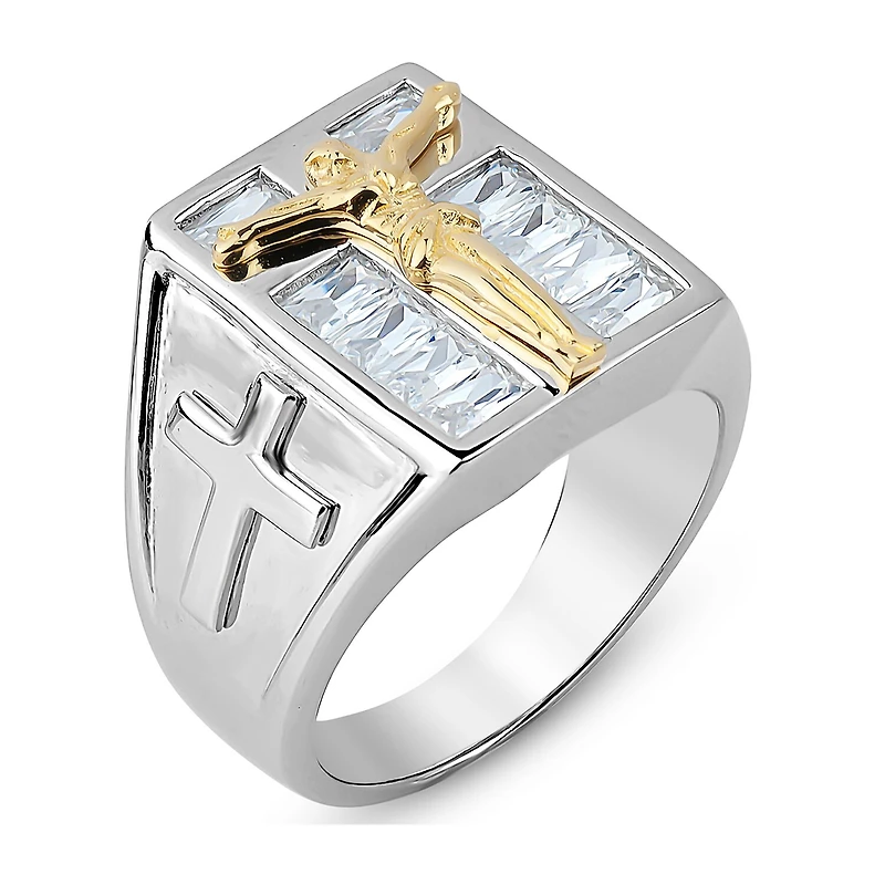 Mens Cubic Zirconia Sterling Silver Cross Fashion Ring