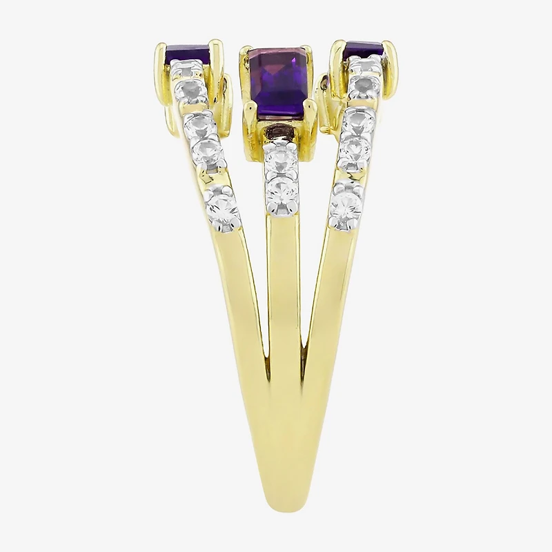 Womens Genuine Purple Amethyst 14K Gold Over Silver Side Stone Cocktail Ring