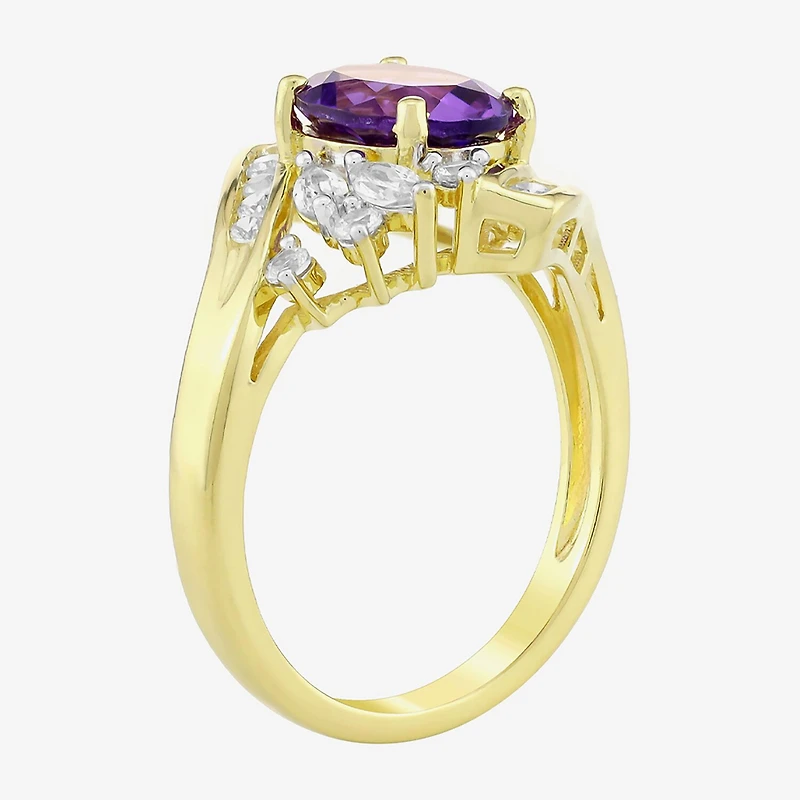 Womens Genuine Purple Amethyst 14K Gold Over Silver Oval Bypass Cocktail Ring