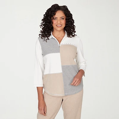 Alfred Dunner Comfort And Joy Womens 3/4 Sleeve Quarter-Zip Pullover