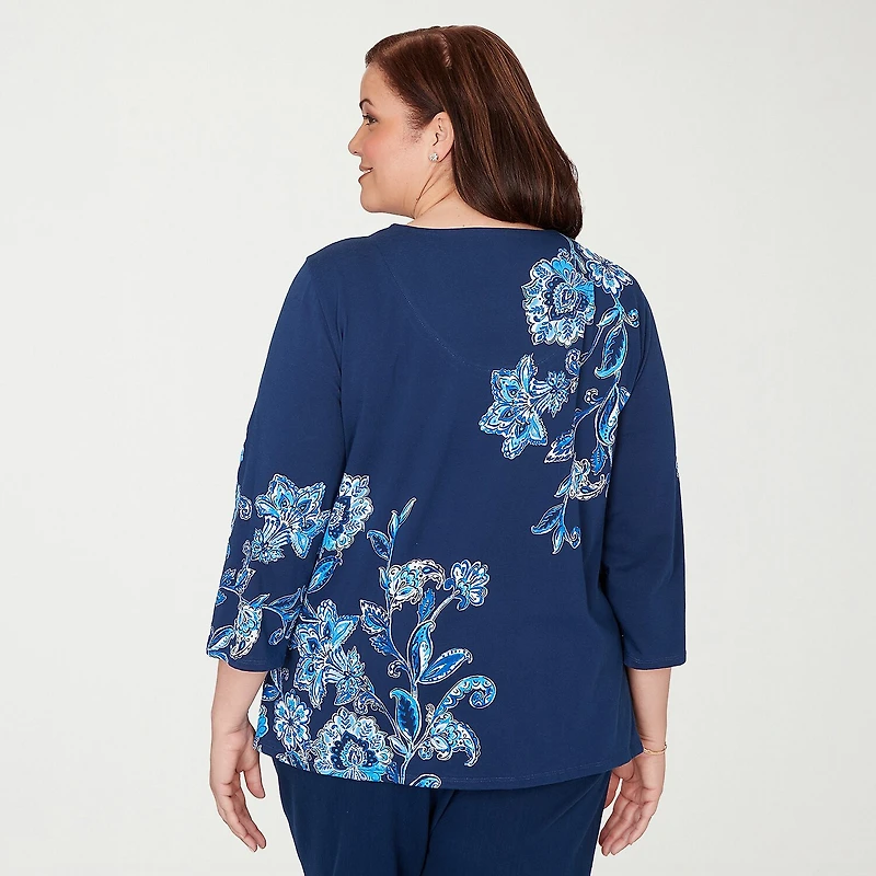 Alfred Dunner Mykonos Womens Split Crew Neck 3/4 Sleeve T-Shirt