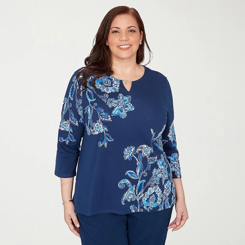 Alfred Dunner Mykonos Womens Split Crew Neck 3/4 Sleeve T-Shirt