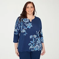 Alfred Dunner Mykonos Womens Split Crew Neck 3/4 Sleeve T-Shirt