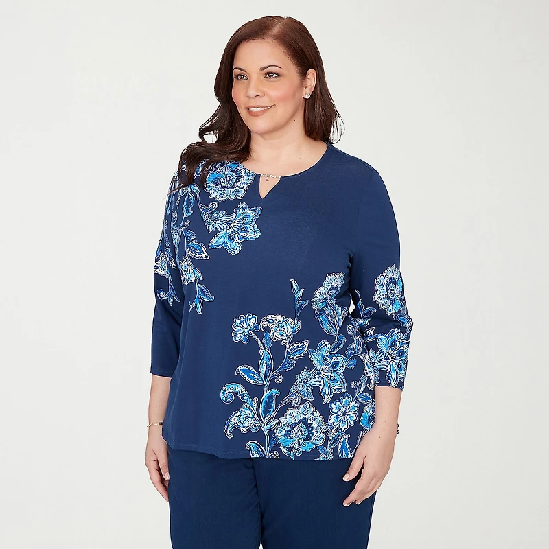 Alfred Dunner Mykonos Womens Split Crew Neck 3/4 Sleeve T-Shirt