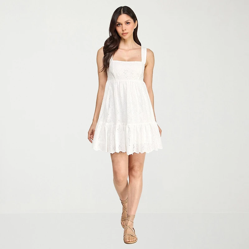 City Triangle Womens Juniors Straight Neck Sleeveless Embroidered Babydoll Dress
