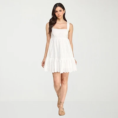City Triangle Womens Juniors Straight Neck Sleeveless Embroidered Babydoll Dress