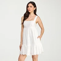 City Triangle Womens Juniors Straight Neck Sleeveless Embroidered Babydoll Dress