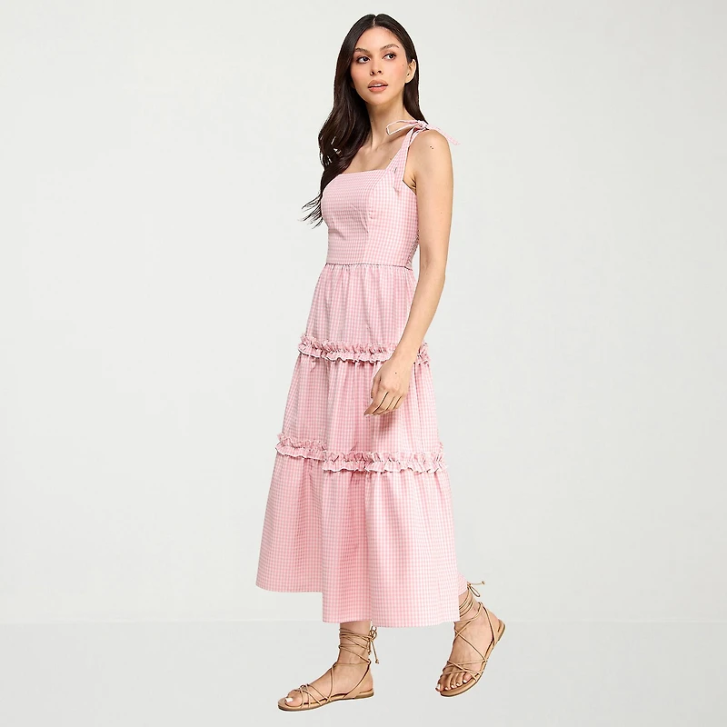 City Triangle Womens Juniors Midi Square Neck Sleeveless Gingham A-Line Dress