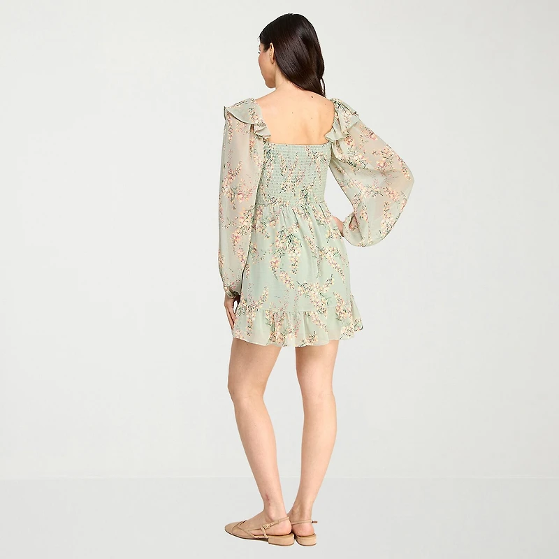 City Triangle Womens Juniors Long Sleeve Balloon Floral Fit + Flare Dress