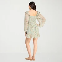 City Triangle Womens Juniors Long Sleeve Balloon Floral Fit + Flare Dress