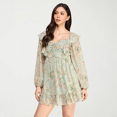 City Triangle Womens Juniors Long Sleeve Balloon Floral Fit + Flare Dress