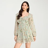 City Triangle Womens Juniors Long Sleeve Balloon Floral Fit + Flare Dress