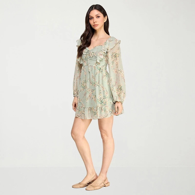 City Triangle Womens Juniors Long Sleeve Balloon Floral Fit + Flare Dress