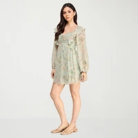 City Triangle Womens Juniors Long Sleeve Balloon Floral Fit + Flare Dress