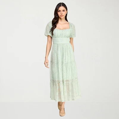 City Triangle Womens Juniors Sweetheart Neck Short Sleeve Puffed Lace Fit + Flare Dress