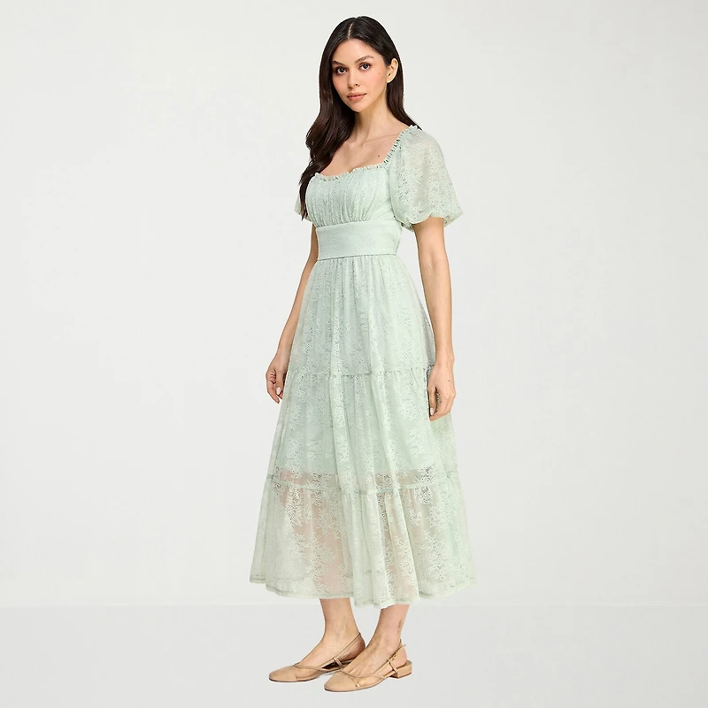 City Triangle Womens Juniors Sweetheart Neck Short Sleeve Puffed Lace Fit + Flare Dress