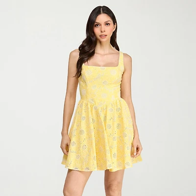 City Triangle Womens Juniors Straight Neck Sleeveless Embroidered Fit + Flare Dress