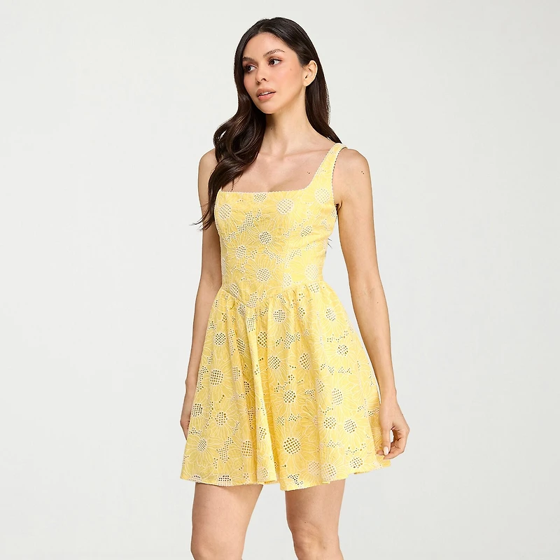 City Triangle Womens Juniors Straight Neck Sleeveless Embroidered Fit + Flare Dress
