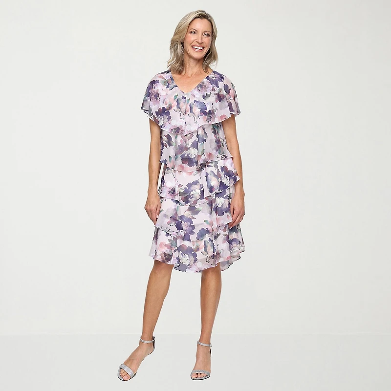 S. L. Fashions Womens Round Neck Short Sleeve Floral Shift Dress