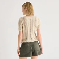 a.n.a Womens Crew Neck Short Sleeve Button Cardigan