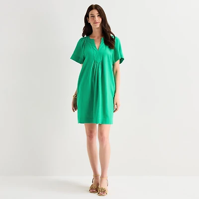 St. John's Bay Womens Tall Midi Split Crew Neck Short Sleeve A-Line Dress