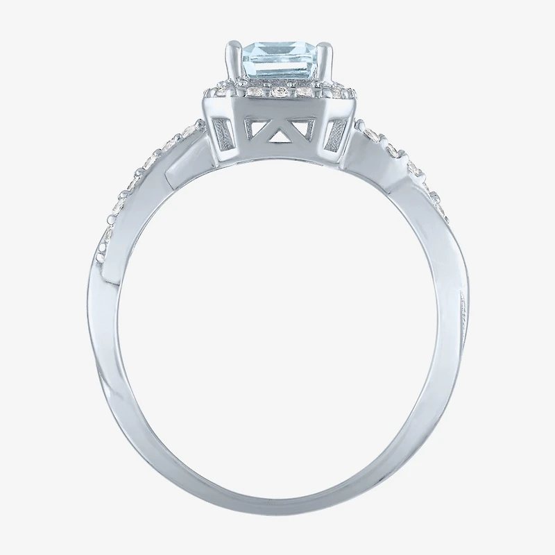 Womens Genuine Blue Aquamarine Sterling Silver Halo Side Stone Cocktail Ring
