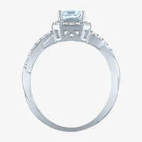 Womens Genuine Blue Aquamarine Sterling Silver Halo Side Stone Cocktail Ring
