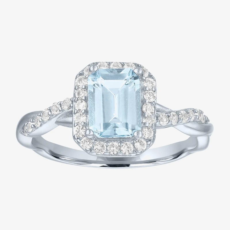 Womens Genuine Blue Aquamarine Sterling Silver Halo Side Stone Cocktail Ring
