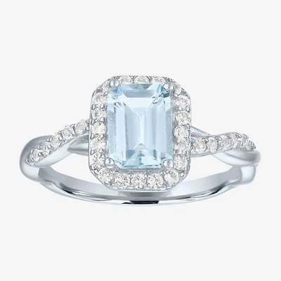Womens Genuine Blue Aquamarine Sterling Silver Halo Side Stone Cocktail Ring