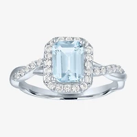 Womens Genuine Blue Aquamarine Sterling Silver Halo Side Stone Cocktail Ring
