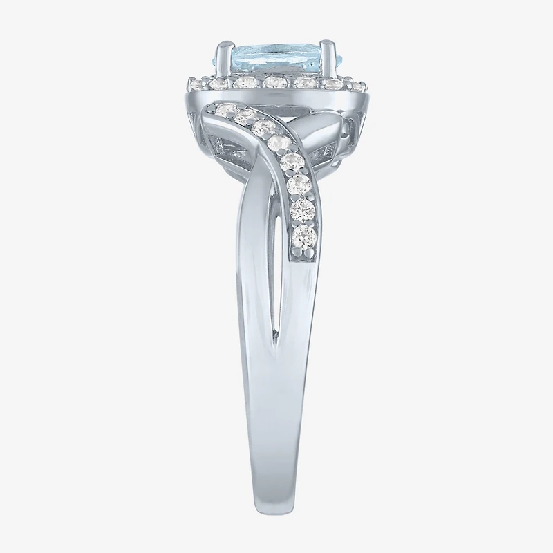 Womens Genuine Blue Aquamarine Sterling Silver Oval Halo Side Stone Cocktail Ring