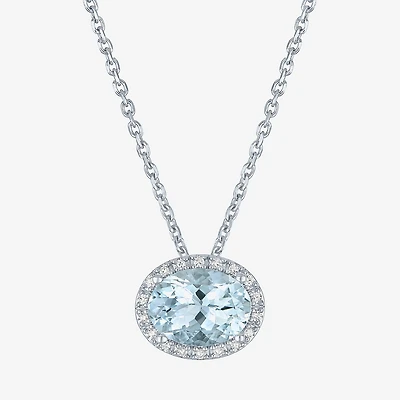 Womens Diamond Accent Genuine Blue Aquamarine Sterling Silver Oval 16 Inch Pendant Necklace