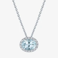 Womens Diamond Accent Genuine Blue Aquamarine Sterling Silver Oval 16 Inch Pendant Necklace