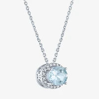 Womens Diamond Accent Genuine Blue Aquamarine Sterling Silver Oval 16 Inch Pendant Necklace