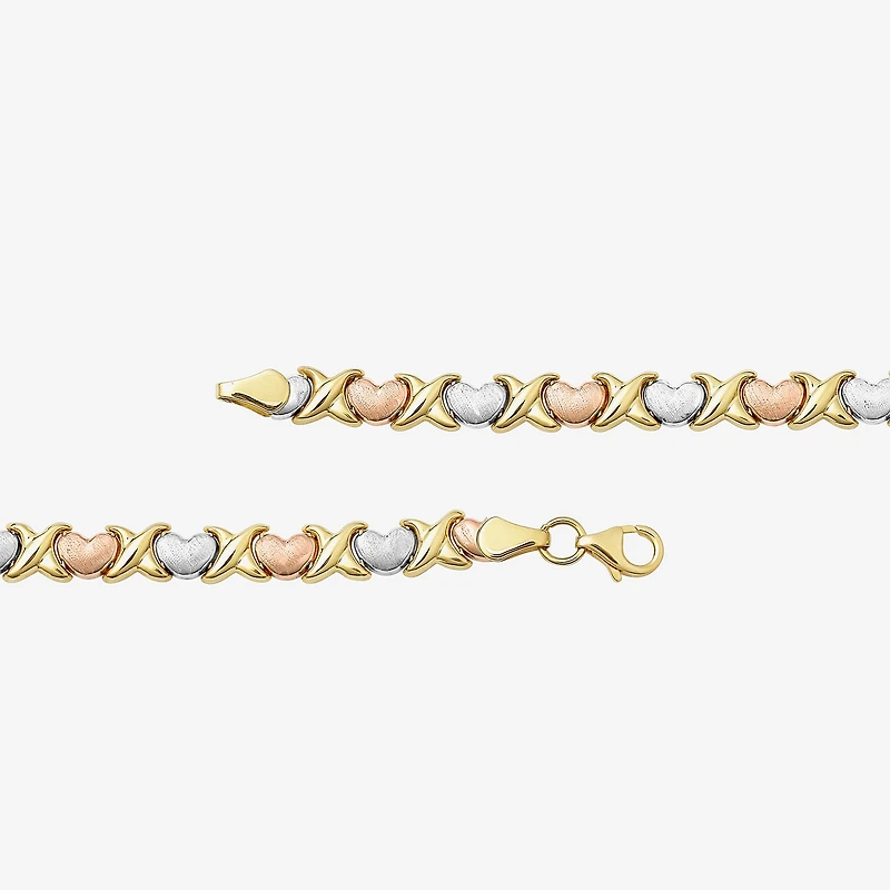 "Hearts & Kisses" Womens 10K Tri-Color Gold Hollow Heart 7.25 Inch Link Bracelet