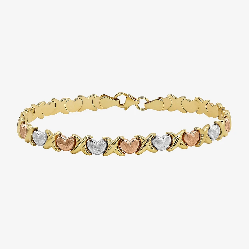 "Hearts & Kisses" Womens 10K Tri-Color Gold Hollow Heart 7.25 Inch Link Bracelet