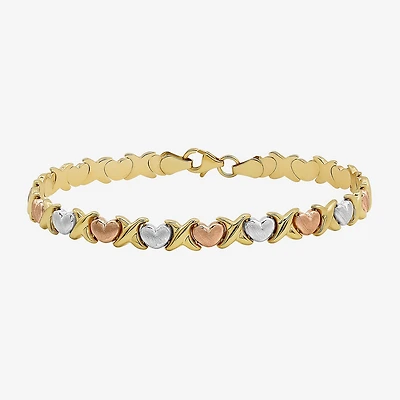 "Hearts & Kisses" Womens 10K Tri-Color Gold Hollow Heart 7.25 Inch Link Bracelet
