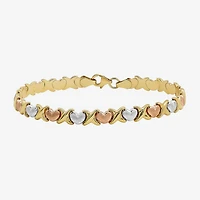 "Hearts & Kisses" Womens 10K Tri-Color Gold Hollow Heart 7.25 Inch Link Bracelet