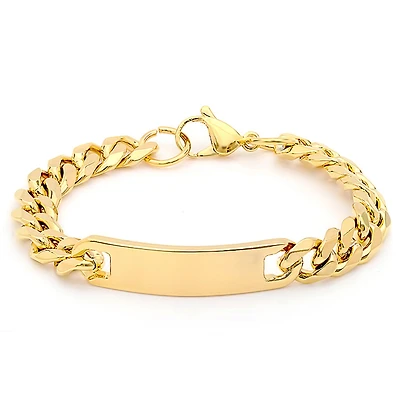 Steeltime Mens 18K Gold Over Stainless Steel Solid Curb Id Bracelet