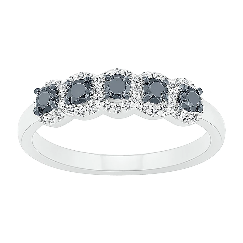 Womens 2MM 1/2 CT. T.W. Natural Black Diamond Sterling Silver 5-Stone Band