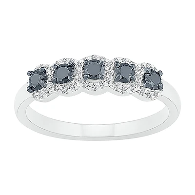 Womens 2MM 1/2 CT. T.W. Natural Black Diamond Sterling Silver 5-Stone Band