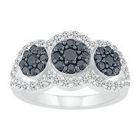 Womens 1 CT. T.W. Natural Black Diamond Sterling Silver Round Halo Cocktail Ring