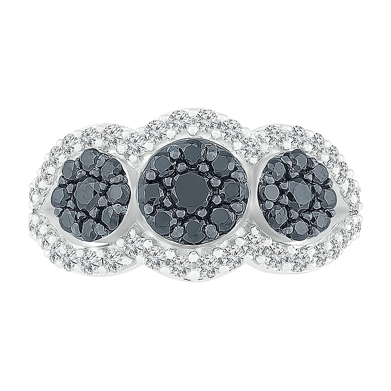 Womens 1 CT. T.W. Natural Black Diamond Sterling Silver Round Halo Cocktail Ring